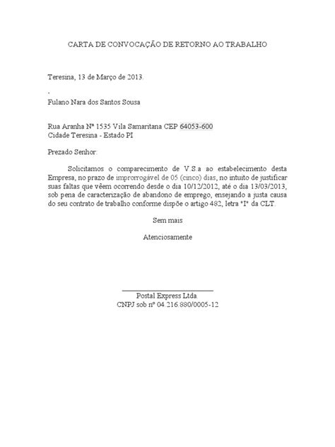 Carta De ConvocaÇÃo De Retorno Ao Trabalho