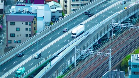 A Timelapse Of Traffic Jam On The Highway In Osaka By High Angle View