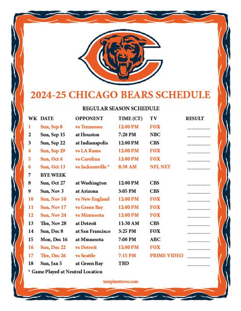 Chicago Bears Printable Schedule 2024 25 Alexa Auroora