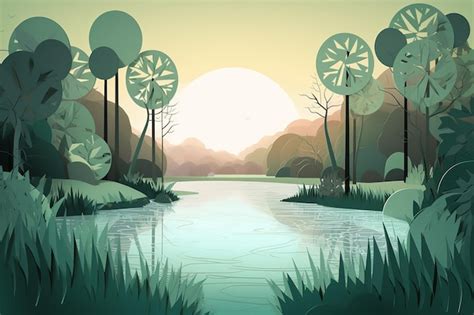 Premium AI Image | A cartoon scene of a river with trees and a sunset.