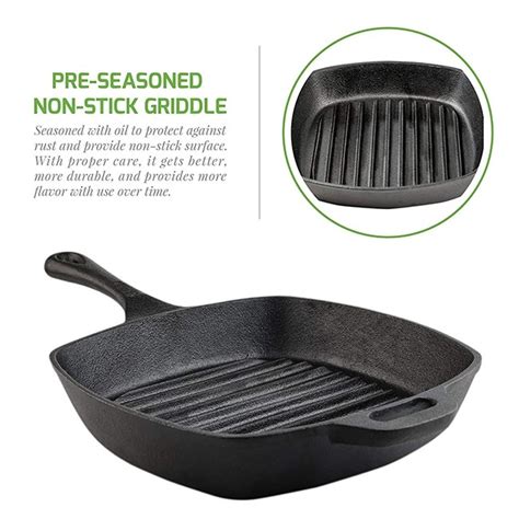 Ovente Pre Seasoned Square Cast Iron Grill Pan Black CWC2307001B