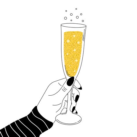 Woman Hand Holding Glass Of Champagne Glitter And Bubbles In Black And