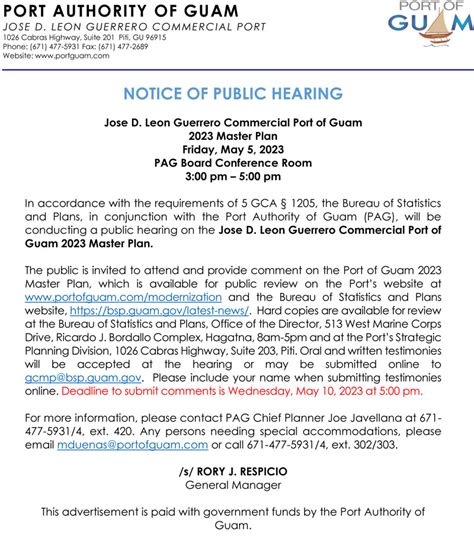 Public Hearing Notice For Port Master Plan Port Authority Of Guam