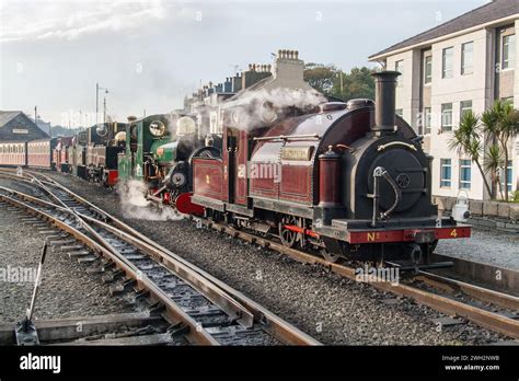 A narrow gauge steam train on the Ffestiniog railway at Portmadoc Stock ...