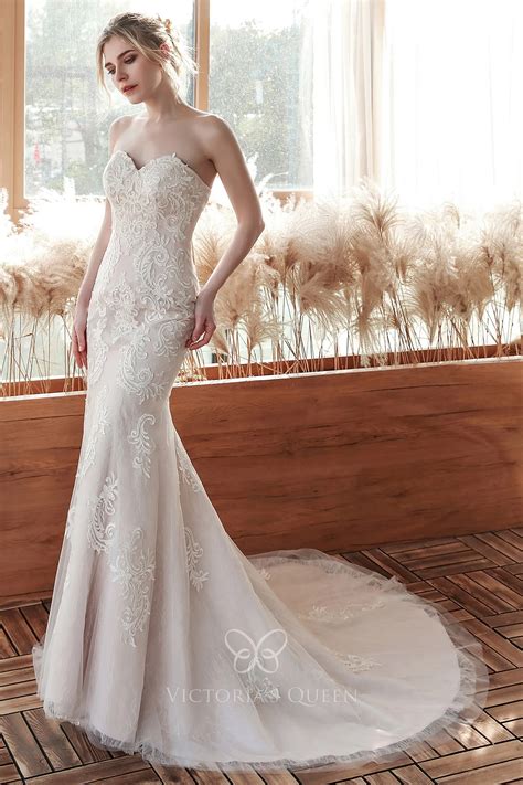 Nude Satin With Lace Overlay Sweetheart Mermaid Wedding Gown Vq