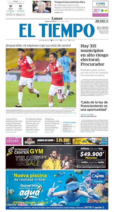 Periódico El Tiempo Colombia Periódicos De Colombia Edición De Lunes 21 De Octubre De 2019