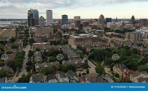 Bird`s Eye View Of Downtown Milwaukee Wisconsin Aerial Of The Skyline