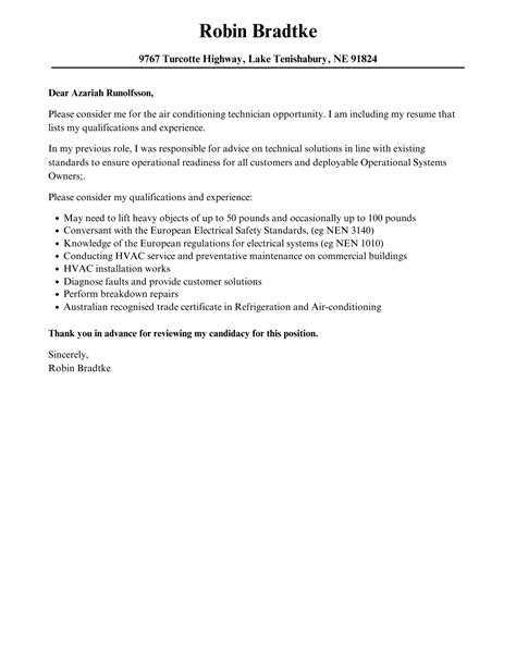 Air Conditioning Technician Cover Letter Velvet Jobs