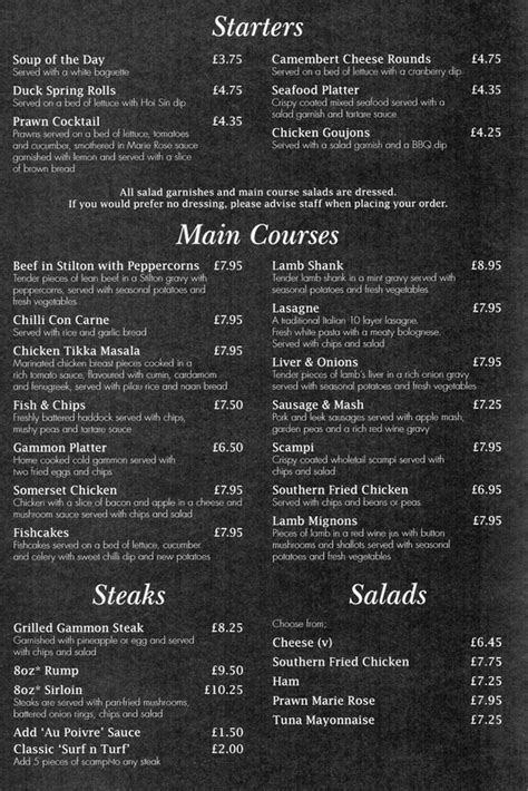 Main Menu Starters Main Courses Steaks And Salads The Salutation