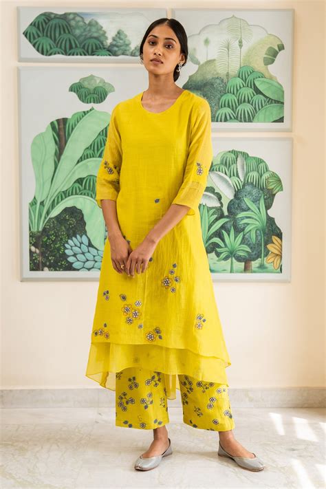 Buy Vaayu Yellow Muslin Cotton Layered Kurta And Pant Set Online Aza