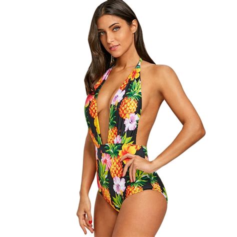 Low Cut Floral One Piece Pineapple Swimsuit Female Bralette Halter