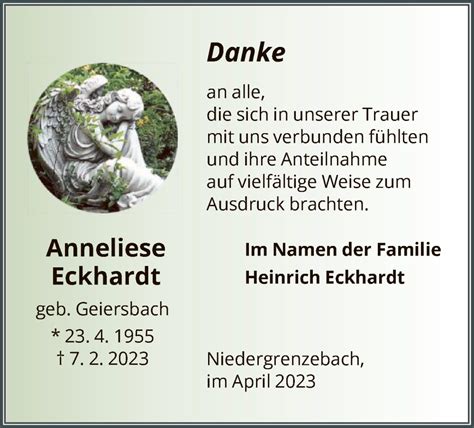 Traueranzeigen Von Anneliese Eckhardt Trauer Hna De