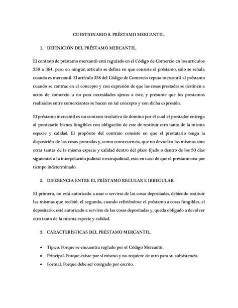 Contratos Mercantiles Cuestionario 08 Préstamo Mercantil Pdf