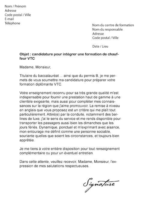 Lettre de motivation Formation Chauffeur VTC Modèle de Lettre