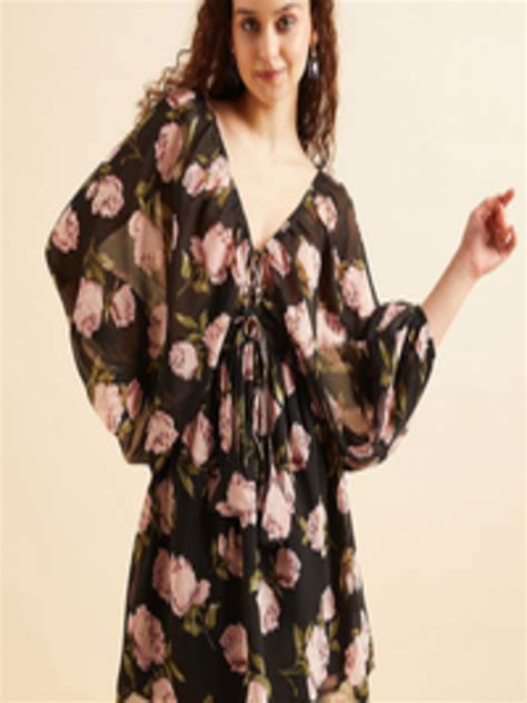 Buy Panit Black And Pink Colour Floral Printed Puff Sleeve Tie Up