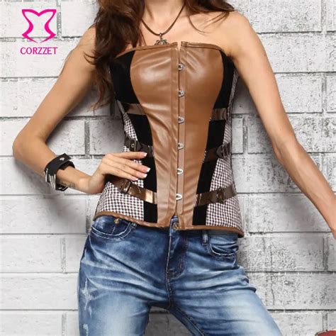 Brown Leatherandblack Velvet Patchwork Steampunk Clothing Sexy Overbust