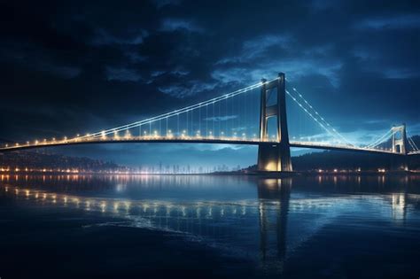 Premium AI Image | A big bridge over a wide river during night