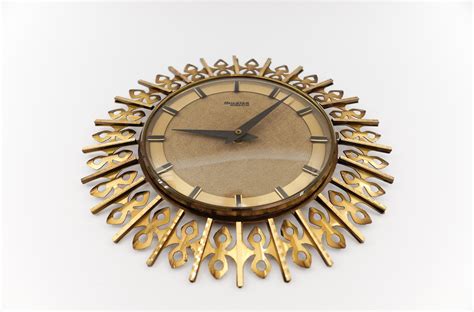 Mid Century Modern Sunburst Wall Clock By Trichter In Brass S