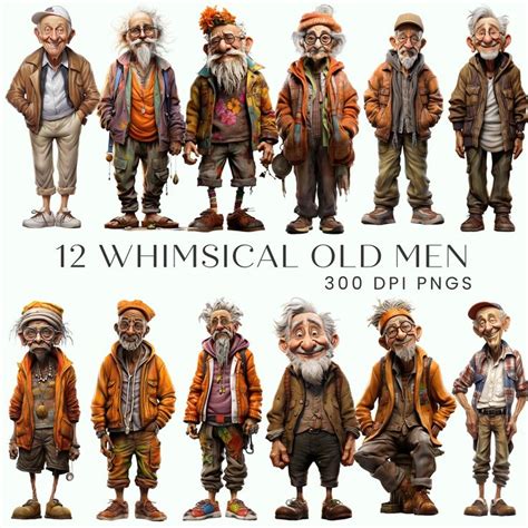 Funny Cartoon Whimsical Grandfather Older Men Clipart Grandpas Clip