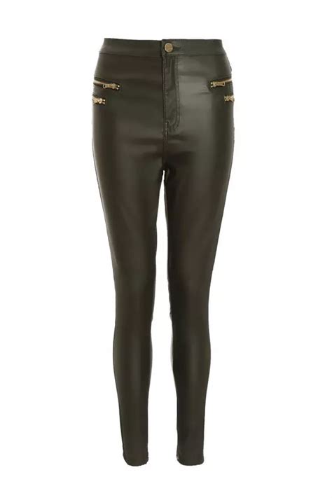 Khaki Faux Leather Zip Skinny Trousers Quiz Clothing