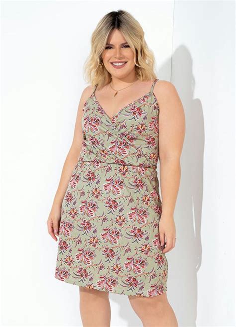 Vestido Transpassado Floral Verde Plus Size Marguerite