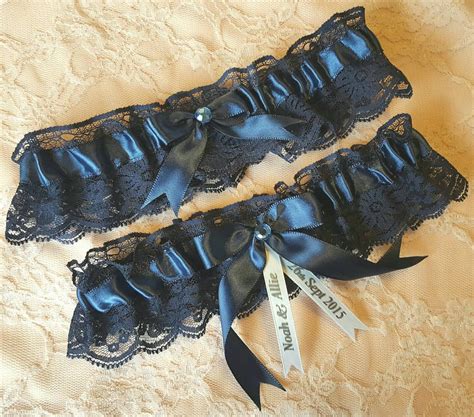 Navy Blue Satin And Lace Wedding Garter Belt Set W Rhinestone Etsy Canada