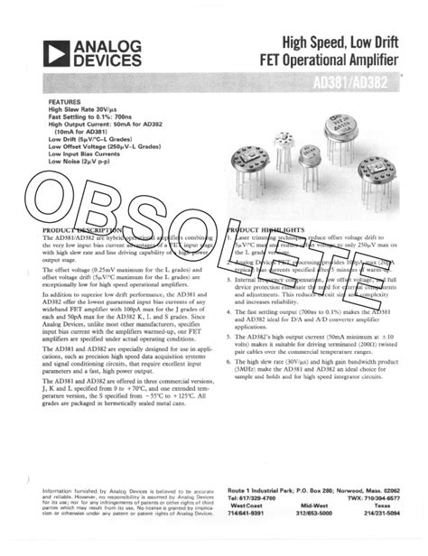 Ad381 Analog Devices Amplifier Hoja De Datos Ficha Técnica