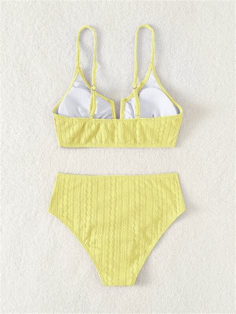 SHEIN Swim Vcay Textured Bikini Set V Wired Bra Hipster Bottom 2