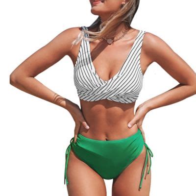 Cupshe Women S Stripe Twist Lace Up Mid Rise Bikini Set Thebay