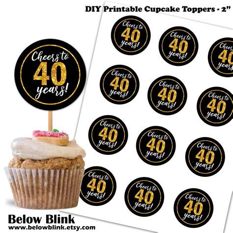 Cheers To 40 Years Cupcake Toppers 2 Round Tags Favor Tags Confetti