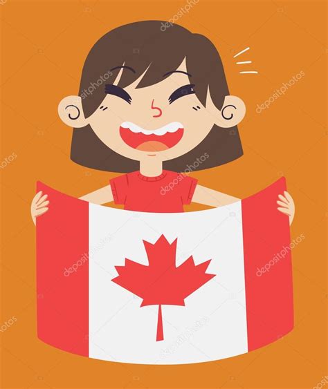 Chica De Dibujos Animados Sosteniendo Una Bandera De Canad Vector De