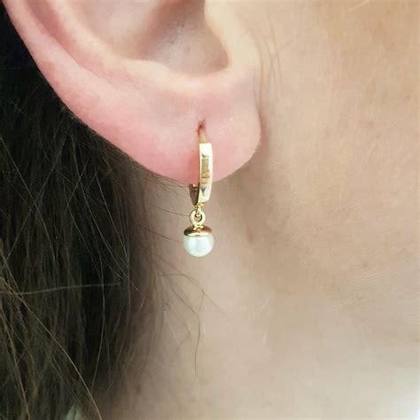 14K Real Solid Gold Freshwater Cultured Pearl Dangle Drop Hoop Earrings