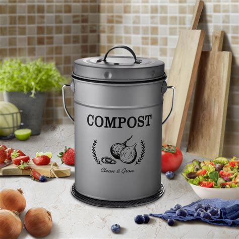 1 0 Gallon Grey Kitchen Countertop Compost Bin With Lid Indoor