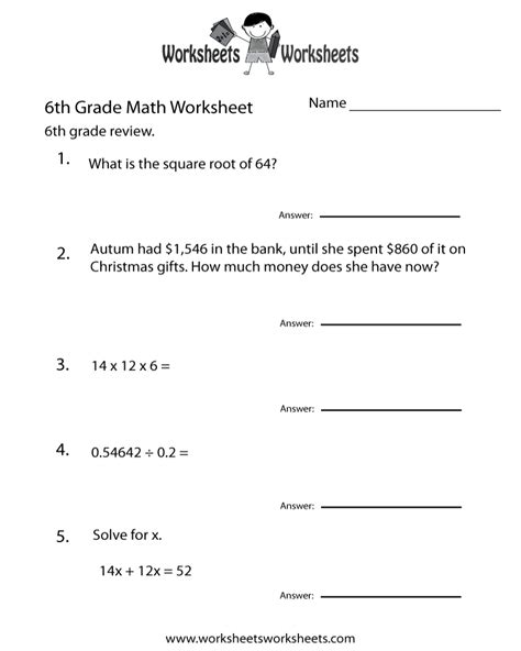 6 Grade Math Worksheets Sixth Grade Math Practice Math Worksheets