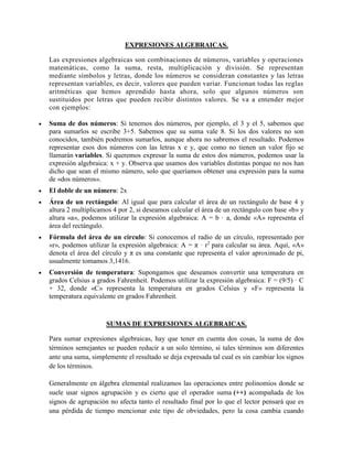 TRABAJO MATEMATICA EXPRESIONES ALGEBRAICAS Docx