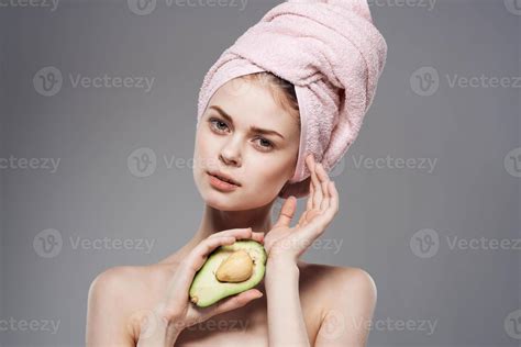 Pretty Woman Naked Shoulders Avocado In Hand Exotic Fruits Spa