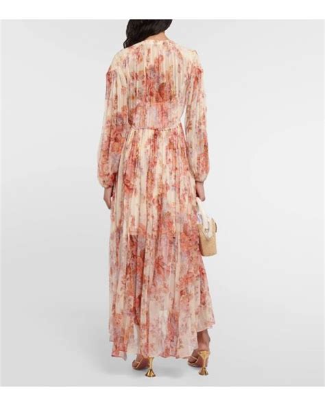 Zimmermann Devi Gathered Floral Print Silk Chiffon Midi Dress In Pink