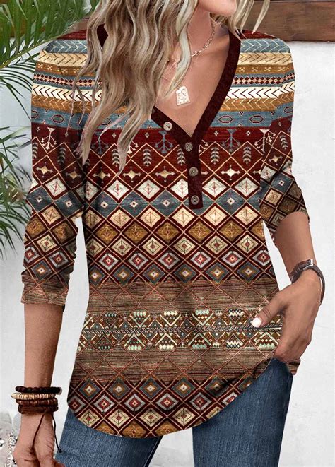 Multi Color Patchwork Tribal Print Long Sleeve T Shirt Modlily