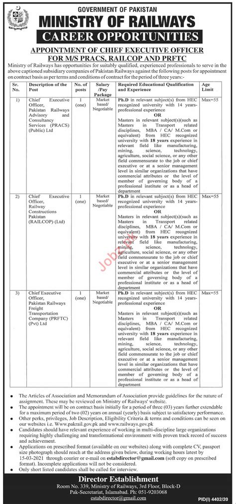 Pakistan Railways Jobs 2021 For Chief Executive Officer 2024 Job