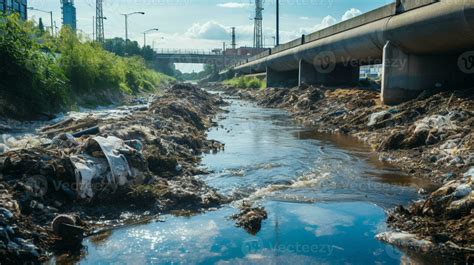 Contaminated water concept, Dirty water flows from the pipe into the river, Water pollution ...