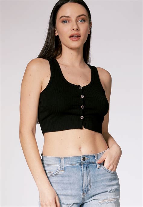 Ribbed Button Detail Crop Top Shop Clothing At Papaya Clothing