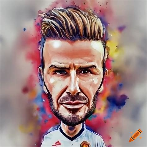 Chibi Watercolor Caricature Of David Beckham In Manchester United Kit