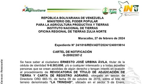 Inti Cartel De Notificaci N De Revocatoria A Ernesto Jos Urbina