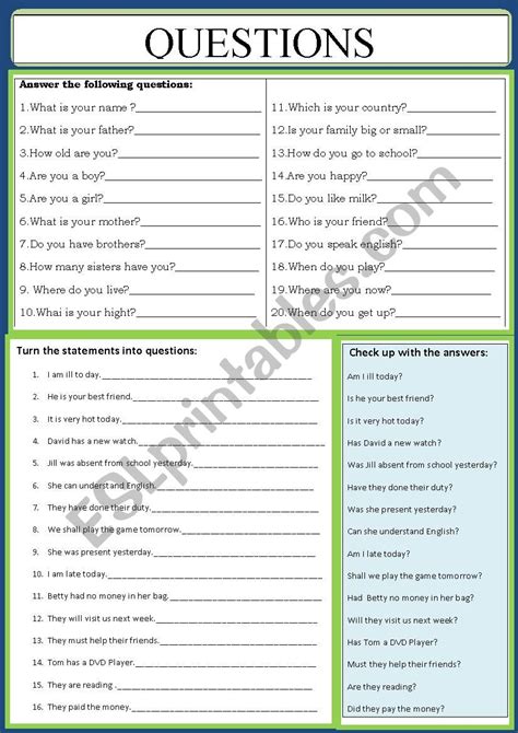 Questions Esl Worksheet By Jhansi