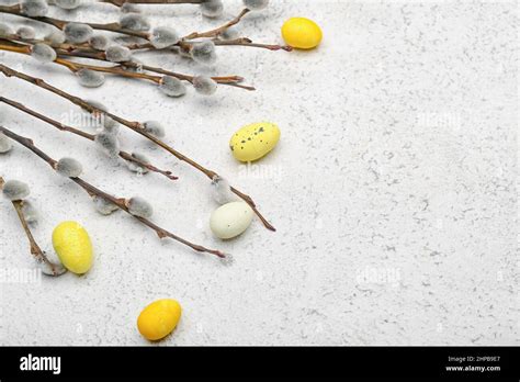 Painted Easter Eggs And Pussy Willow Branches On Light Background Stock