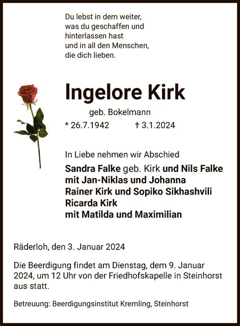 Traueranzeigen Von Ingelore Kirk AZ Trauer De