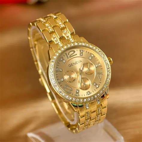 Hot Sales Geneva Brand Gold Plated Watches Women Men Rhinestone Dress Quartz Wristwatch Relojes