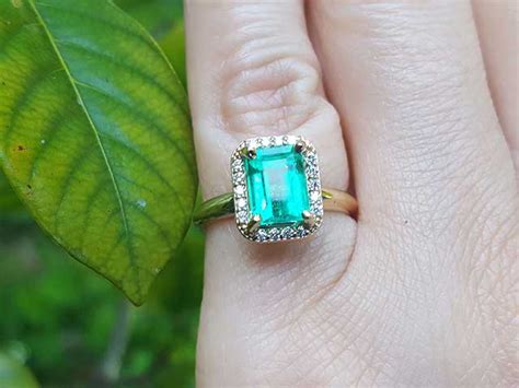 1.59 ct. Emerald Halo Diamond Ring Colombian Emerald Medium Green 14K