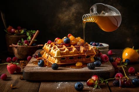 Honey Or Caramel Pouring From Jar On A Freshmade Waffles With