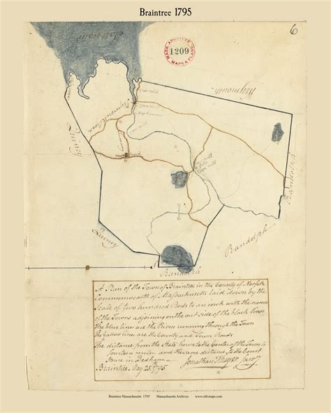 Braintree Massachusetts 1795 Old Town Map Reprint Roads Place Names